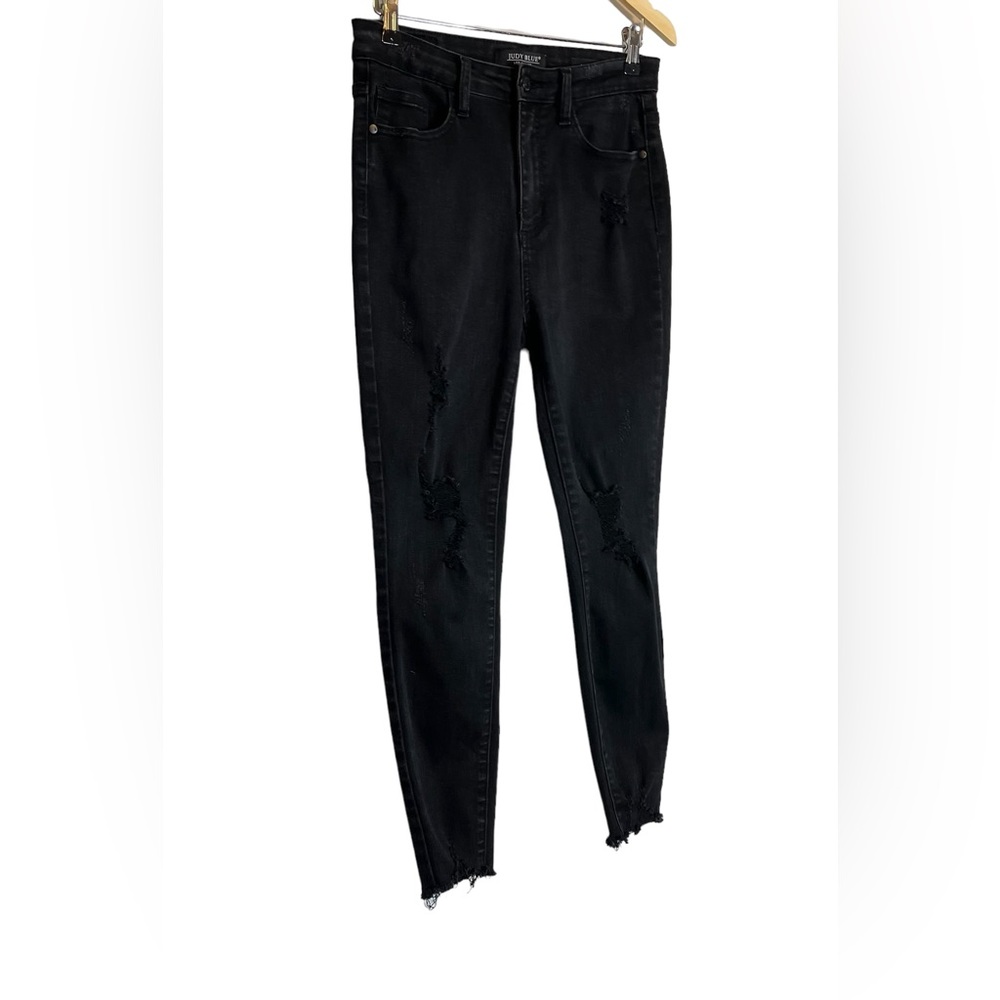 ✅SOLD-Judy Blue | High Rise Skinny Fit Jeans Raw Hem Destroyed Denim Black EUC - Picture 3 of 8